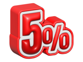 5 3D text. 5 percent sale. 5 percent discount on red color. up to 5 3D illustration png