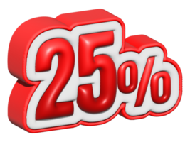 25 3D text. 25 percent sale. 25 percent discount on red color. up to 25 3D illustration png