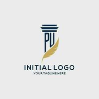 PU monogram initial logo with pillar and feather design vector