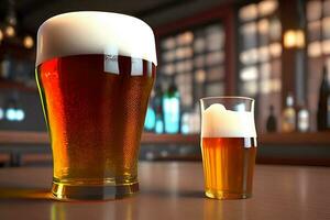 Two glasses of beer on the bar counter. 3D rendering. photo