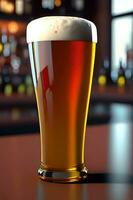 Glass of beer on bar counter in pub. 3D rendering. photo