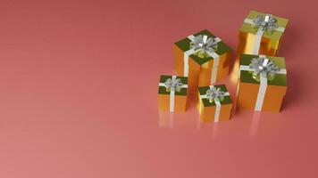 Gift boxes with bows on red background. 3D rendering. photo