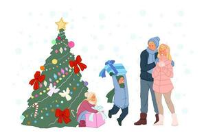 nuevo año celebracion, infantil regalos debajo Navidad árbol, invierno familia caminar concepto vector
