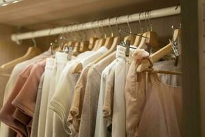 clothes, t-shirts, dresses hang on a hanger in the home closet photo