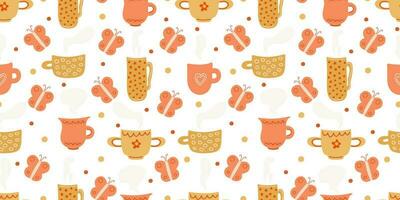 Vector seamless pattern with mugs and butterflies on white background. Great for linens, tablecloths, wallpapers, covers