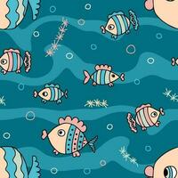 Marine seamless pattern with doodle fishes and waves. Perfect print for tee, textile, fabric and paper. vector