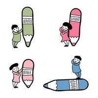 Various people with a giant pencils collection in doodle style. Drawing, writing, creating, design, blogging concept. vector