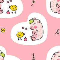 Doodle kawaii capybara and chick seamless pattern. Perfect print for tee, paper, textile and fabric. vector