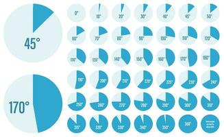 Set of angle measurement charts for a circle, pie diagrams infographic collection in blue color vector