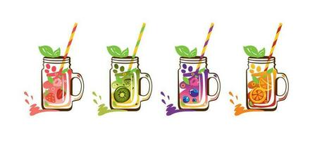 Refreshing drinks. Jars of lemonade. Fruit and vegetables drinks. Smoothies.  Healthy drinks. Vector set.