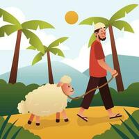 illustration of a man with a sacrificial animal to celebrate Eid Al Adha vector