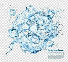 congelado hielo cubitos cristales en redondo agua salpicaduras vector