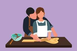 Cartoon flat style drawing romantic couple looking at each other while rolling soft dough during pastry preparation in cozy kitchen at home. Family cooking together. Graphic design vector illustration