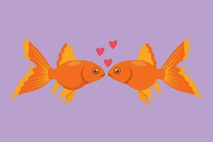 Graphic flat design drawing of two goldfishes kissing underwater. Pair of cute fish pets. Living in aquarium together. Tame animal icon. Happy romantic couple symbol. Cartoon style vector illustration