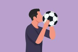 Character flat drawing handsome male football player kissing ball with pride. Happy expression in national level competition. Professional player on training center. Cartoon design vector illustration