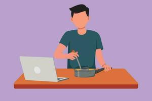 Cartoon flat style drawing young man cooking delicious meal for dinner and has video call conversation in kitchen. Talking with friend using application on laptop. Graphic design vector illustration