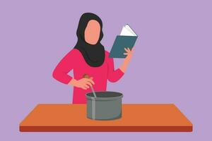 Graphic flat design drawing Arabian woman cooking while reading recipe book she is holding. Healthy food lifestyle concept. Happy wife cooking at home. Prepared food. Cartoon style vector illustration