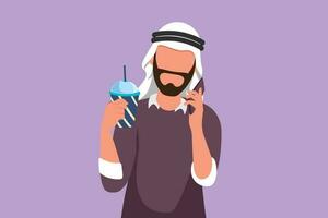 Character flat drawing handsome Arabian man drinking orange juice while making phone call with smartphone and having breakfast at home. Morning routine before work. Cartoon design vector illustration