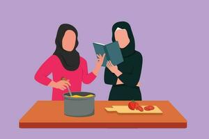 Cartoon flat style drawing two Arab woman cooking while reading book she is holding. Healthy food lifestyle concept. Friends cooking meal for dinner. Prepare food. Graphic design vector illustration