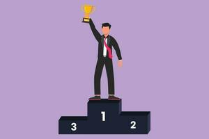 Character flat drawing businessman in formal suit holding golden trophy with one hands on first podium. Company performance. Win business competition or achievement. Cartoon design vector illustration