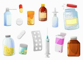 Cartoon pills, drugs and medicaments packaging vector