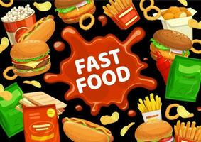 Fast food burgers menu, hamburgers, snacks, drinks vector
