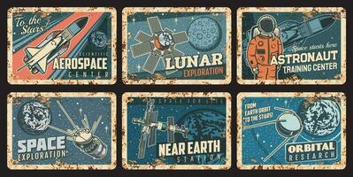 Astronaut, spaceship and satellites rusty plates vector