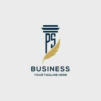 PS monogram initial logo with pillar and feather design vector
