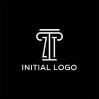 ZT monogram initial logo with pillar shape icon design vector
