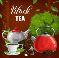 Black tea cup, leaves, teabag abd pot vector