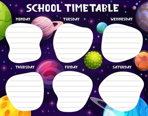 School lesson timetable with cartoon space planets