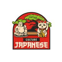 Japanese culture icon, bonsai and maneki neko vector