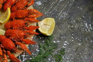 Cooked red river crayfish round wooden plate concrete background with lemon and herbs. photo