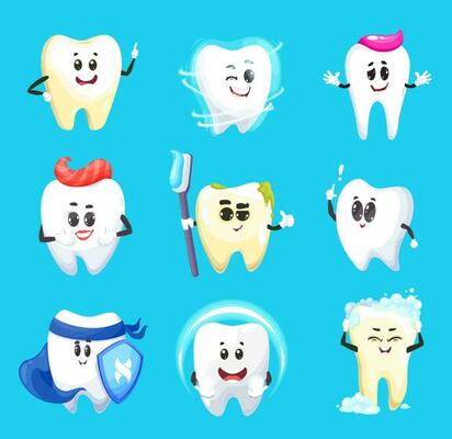 Tooth cartoon characters, vector dental hygiene