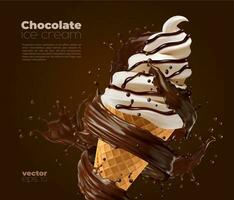 Chocolate soft serve ice cream with choco splash vector