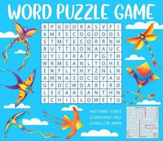 Kites in sky, word search puzzle game worksheet vector