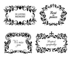 Funeral wreaths cards, vector condolence frames