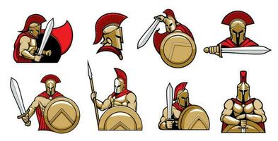 Spartan warriors, knights with helmet and shield vector