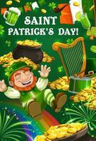 St Patrick day, leprechaun, gold coins and rainbow vector