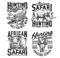 Safari hunting club t shirt prints, animals trophy vector