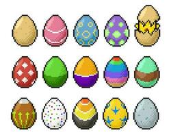 8 bits píxel Arte contento Pascua de Resurrección huevos y pollo íconos vector