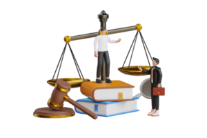 Legal law justice service 3d illustration. Law assistance, law firm and legal services concept. Lawyer consulting client. 3D Illustration png