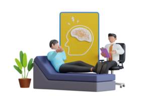 Psychologist service 3d illustration. Psychotherapy practice, psychiatrist consulting patient. Psychotherapist talk and help patient with mental problems png