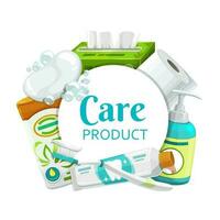 Hygiene, health care products round vector frame