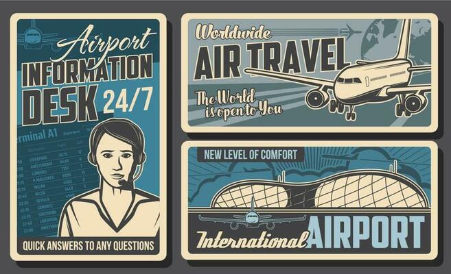 Airport information desk, airplane retro posters.