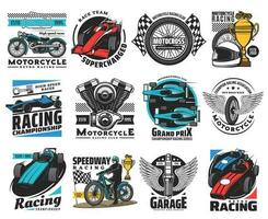 Auto, car and motor racing sport vector icons