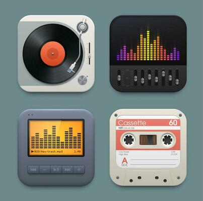 Vinyl, cassette and music player equalizer icons