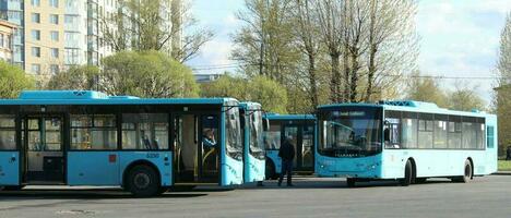 Sankt Petersburg Russia - 04 30 2023 big tourist buses on parking photo