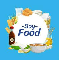 Soy products, soya bean food tofu, sauce and milk vector