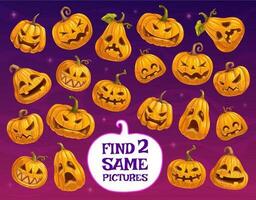 Halloween game, puzzle, find two same pumpkins vector